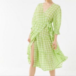 Urban Outfitters UO Donatella Midi Wrap Dress Lime Green Gingham Print Size M